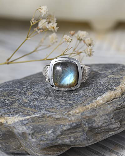 YoTreasure 2.63 Ct. Cushion-Shaped Labradorite White Zircon 925 Sterling Silver Gemstone Ring Jewelry4