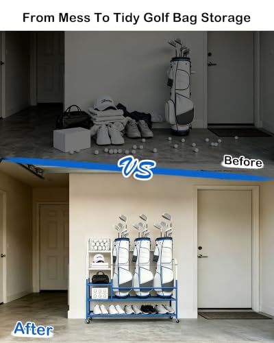 Image of Golf Bag Storage Garage Organizer for 3 Bags, Golf Storage Rack with Wheels | 50% More Space Multi-Zone, All-In-One Compact 5-tier Upscale Sporty Heavy-Duty Rack, 4 360 Casters,Movable Basket,Golf Gifts