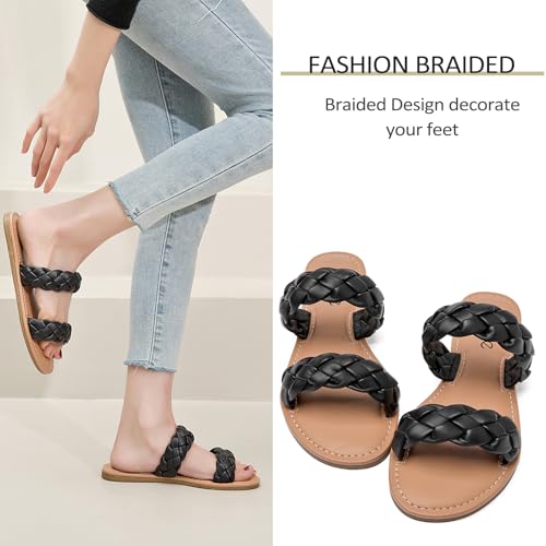 Women's Flat Slides Sandals, Summer Slippers Comfortable Braided Strap Round Open Toe Casual Beach Shoes for Women.3
