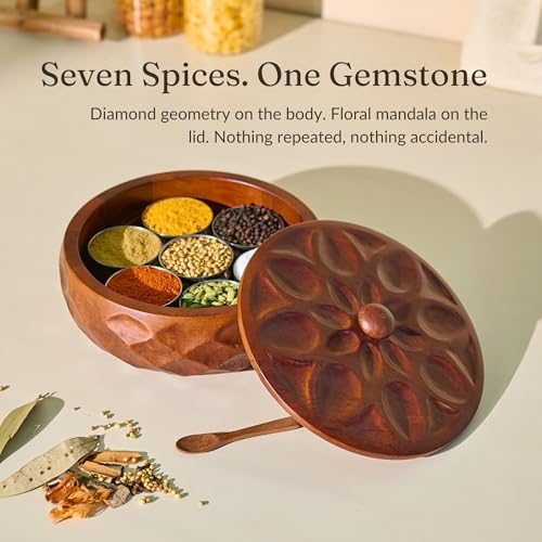 Image of Brick Brown Saku Wooden Masala Box with Lid | Spice Box Organizer Storage Box with 7 Stainless Steel Containers & Wooden Spoon | Hand-Carved Masala Dani Spice Rack for Kitchen 8.5x 8.5 x 4.5 Inch