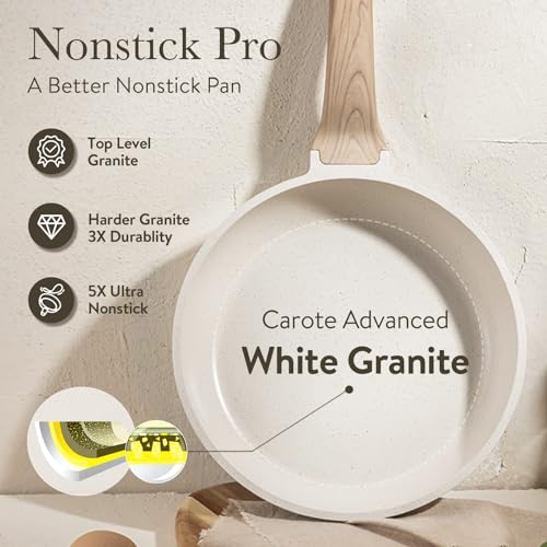CAROTE Non Stick Frying Pan Skillet, Omelet Pan, Healthy Non Toxic Granite Chef Pan, Induction Compatible Egg Frying Pan with Heat-Resistant Handle, PFOA-Free,Cream White, 10" by CAROTE - Image 7