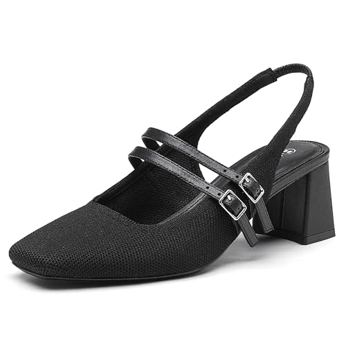 NEWBELLA Women's Low Heel Mary Jane Pumps - Chunky Slingback Dress Shoes with Square Toe & Buckle Strap for Wedding/Brid