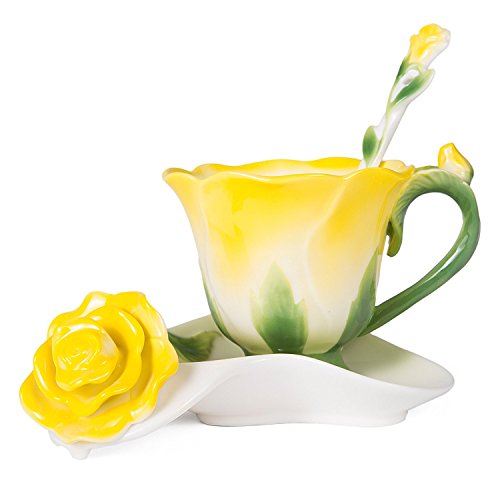Ybk Tech Creative 3D Rose Bone China Ceramic Coffee Mugs Afternoon Tea Cup And Saucer Set (Yellow) #TOP7