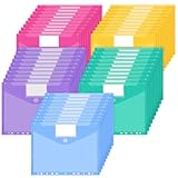 JEFURE A4 Dokumententasche 50 Stück, 5 Farben Dokumentenmappe, Wasserdichte Mappen mit 11 Löchern, Klettverschluss und Etikettentaschen, Durchsichtige Dokumentenhüllen für Dokumente Organisiere