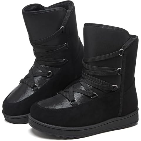 Witwatia Womens Winter Boots Fur Lined Snow Boots Fuzzy Mid Calf Boots Warm Lace up Boots Fashion Cute Slip on Boots Cover