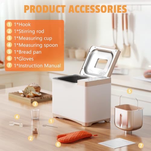 Karinear Bread Maker, Upgrade 20 Function Bread Machine with Gloves, 15 H Timer & 20 Preset Function, 2LB Stainless Steel Bread Maker Machine with 3 Loaf Sizes 3 Crust Colors - Image 6