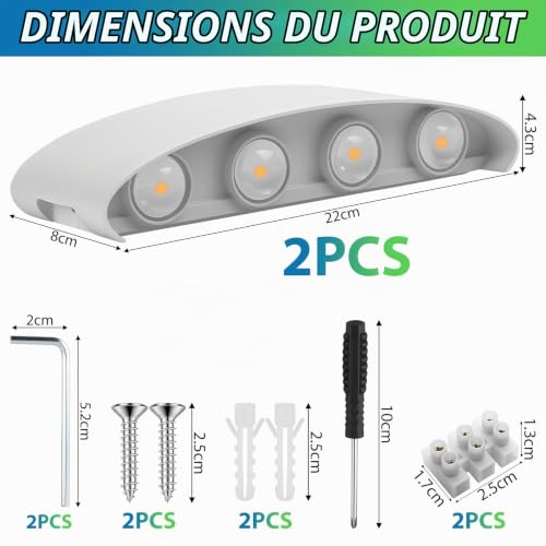 Lot de 2 Applique Murale LED Blanc 8W,3000K Intérieur Exterieur Murale,IP65 – vue 2