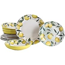 Bico Lemon Dreams Ceramic 12 pcs Dinnerware Set, Service for 4, Inclusive of 11 inch Dinner Plates, 8.75 inch Salad Plates and 35oz Pasta Bowls, for Party, Microwave & Dishwasher Safe