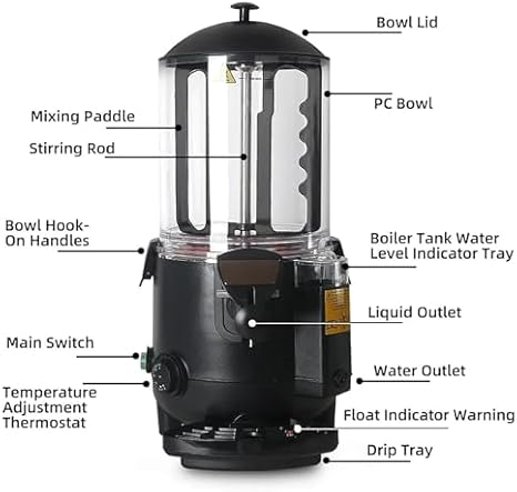 10L Hot Chocolate Dispenser Machine | 1000W Stainless Steel Hot Cocoa Maker | Adjustable 20-90C Temperature Control | Commercial Chocolate Tempering Equipment (White)