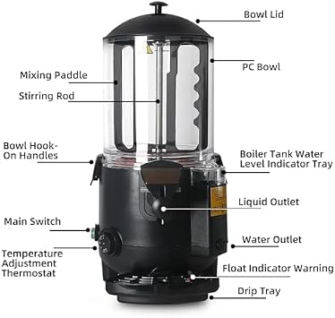10L Hot Chocolate Dispenser Machine | 1000W Stainless Steel Hot Cocoa Maker | Adjustable 20-90C Temperature Control | Commercial Chocolate Tempering Equipment (White)