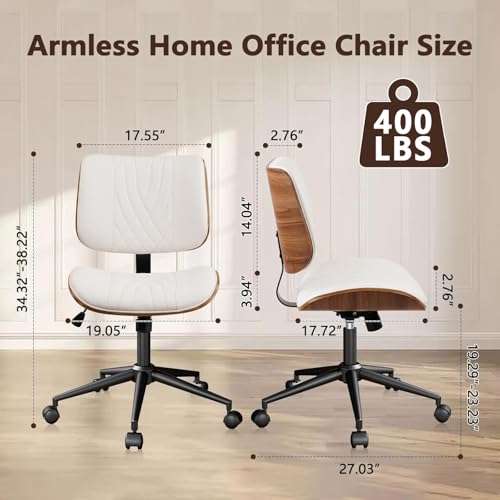 Image of CLATINA Office Desk Chair, Armless Home Chair with Wheels, Adjustable Height Reading Chair, Leather Mid Back & Swivel Computer Chair, Modern Walnut Chairs with Back for Studio Meeting Room(White)