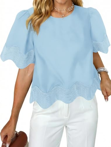 TERIVEEK Womens Casual Scalloped Tops Puff Short Sleeve Blouses Flowy Ruffle Shirts Summer Loose Business Office Work Tunics Light Blue
