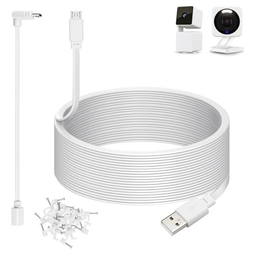 50ft Power Cable for Wyze Cam v4,Wyze Cam Pan v3,Wyze OG,Wyze Cam v3 and v3 Pro Security Cameras - 15m Long Flat Extension USB to Micro USB Charging Cord with L-Shaped Adapter, White