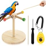 Cunno 3 Pcs Bird Training Stand Kit, Parrot Training Clicker Portable Tabletop Bird Perch and Target Stick, Wooden Spin Perch Clickers with Wrist Strap for Parakeet Conure Lovebird Cockatiel (Spin)