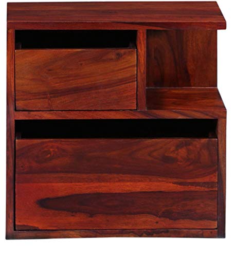 Image of DEMIWALL Solid Sheesham Wood Bedside Table | Wooden Bed Side Tables with Drawer | Nightstand Side Table for Bedroom | Night Stand End Table with 2 Drawers & Shelf Storage for Home | Honey Finish