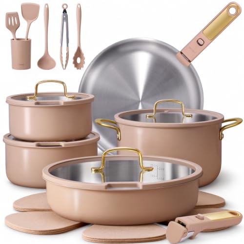 Image of CAROTE 21pcs Tri-Ply Stainless Steel Cookware Set with Detachable Handle