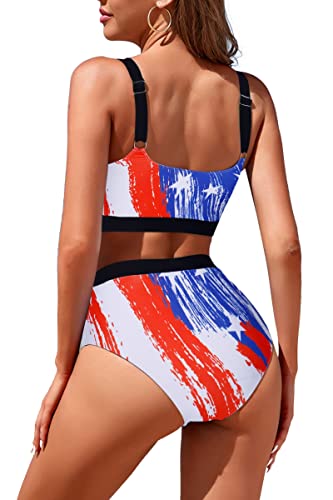 Image of Womens High Waisted Bikini Sets Sporty Crop Top Color Block Swimwear Bandeau Scoop Neck Vintage Two Piece Bathing Suits