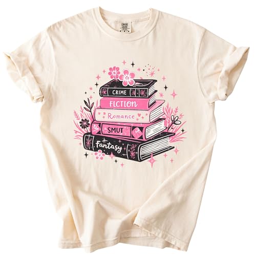 FITIN Garment-Dyed Pink Book Stack T-Shirt for Women, Romance Fantasy
