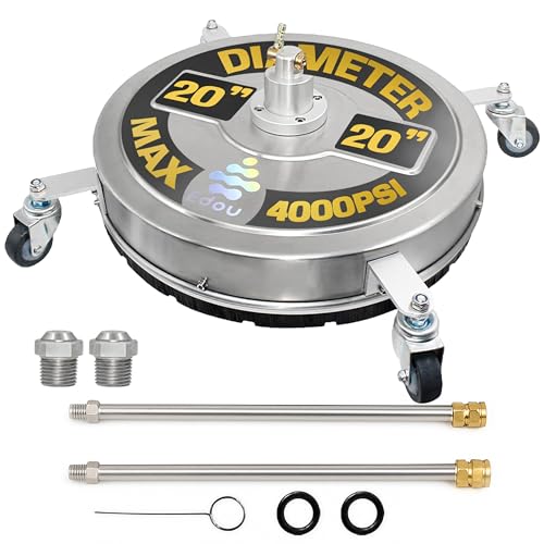 EDOU Pressure Washer Surface Cleaner - 20-Inch Stainless Steel Cleaner, 2 Replaceable Nozzles, 2 Washer Wand Attachments, 4 Wheels - 4000 PSI Maximum Pressure - 1/4' Quick Connector