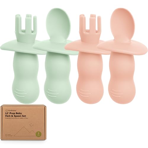Image of KeaBabies 4-Pack Silicone Baby Spoons and Forks Set - Baby Led Weaning Utensils 6-12 Months, Self Feeding Toddler Spoon & Fork for Training, Teething, Easy to Hold, BPA-Free Silicone (Mellow)
