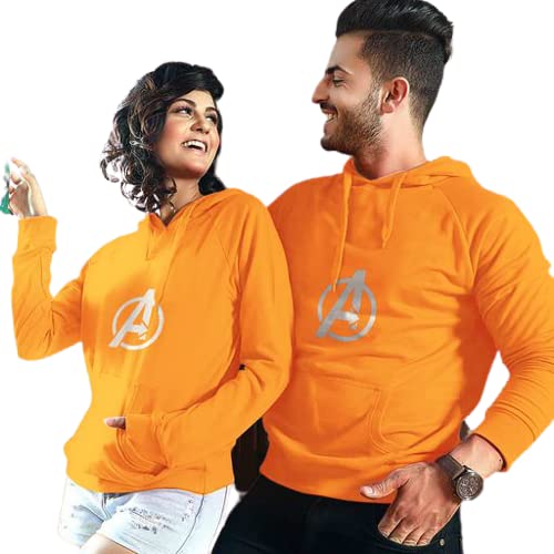 Qosha Men's & Women's Casual Avanger White Printed Full Sleeve Cotton T Shirt, Warm Pullover Monkey Cap, Hooded Neck, Regular Fit, Sweatshirts Hoodies for Couple- Pack of 2