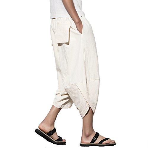 INVACHI Men's Linen Harem Capri Pants Lightweight Elastic Waist Casual Baggy Pants Beach Yoga Trousers