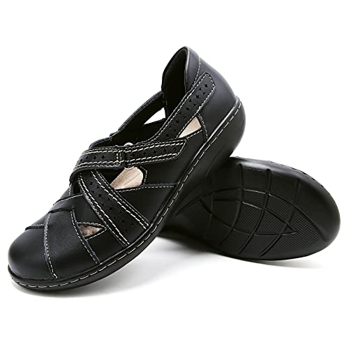 Classic Women's Slip On Loafer Genuine Leather Arch Support Memory Foam Work Shoes Hook And Loop Comfort Soft Casual Walking Shoes Black Us 9 #TOP6