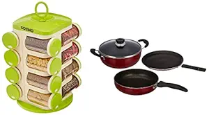 Amazon Brand - Solimo 3-Piece Non-Stick Aluminium Cookware Set - Fry Pan, Kadhai & Tawa (Induction & Gas Compatible) and Solimo Revolving Spice Rack Set (16 Pieces)