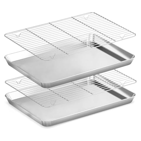 Fire More Baking Sheet with Rack Set (2 Baking Pans + 2 Baking Racks), Stainless Steel Cookie Sheet & Cooling Rack, Nonstick Baking Tray, Non Toxic & Heavy Duty & Easy Clean, Size 16 x 12 x 1 Inch Cover