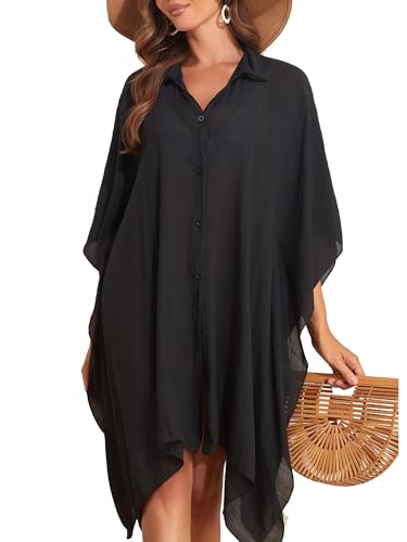 Image of Spicy Sandia Womens Swimsuit Cover Up Shirt Bathing Suit Coverup Oversized Beach Bikini Swimwear Button Down Tunic Top, Black, Large