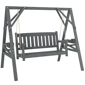 Outsunny Hollywoodschaukel, 2-Sitzer Gartenschaukel aus Holz, Holzschaukel mit Ablagen, Schaukelbank bis 250kg belastbar, für Garten, Terrasse, 183 x 120 x 160cm, Grau