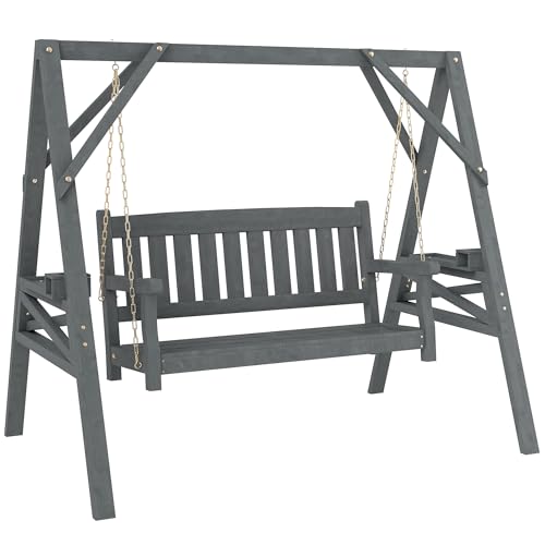 Outsunny Hollywoodschaukel, 2-Sitzer Gartenschaukel aus Holz, Holzschaukel mit Ablagen, Schaukelbank bis 250kg belastbar, für Garten, Terrasse, 183 x 120 x 160cm, Grau