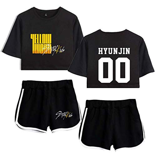 Flyself Flickor Kpop Stray barn magtröja t-shirt shorts set gult trä tryckta träningsoveraller ledig sommar kortärmad magtoppar och shorts set för kvinnor män, B2, L