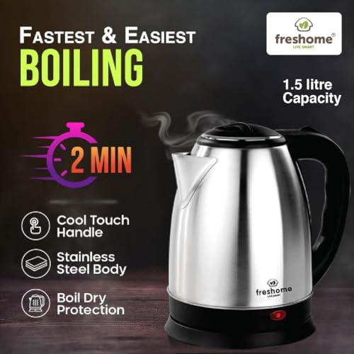 Image of Freshome Electric Kettle and Stainless Steel Water Bottle Combo, 1.5 Litre, 1500W, Auto Shut-Off, for Boiling Water, Tea, Coffee, Instant Noodles and Soup