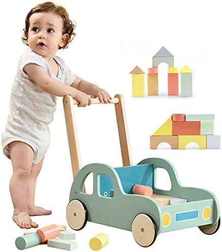 labebe Kids Push and Pull Activity Walker Wooden Baby Walker Toy for Boys/Girls with 54 Wooden Blocks, Toddler Sit to Stand Walking Wagon 12M+