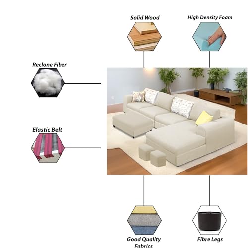 Image of Koza RHS 8 Seater L Shape Sofa Set with Center Table for Living Room (Cream Fabric) Premium Fabric Sofa