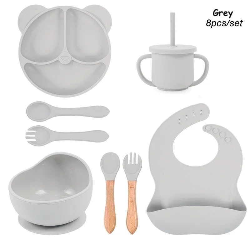Personalized Baby Name Panda Ear Bear Feeding Set 8Pcs, Custom Name Baby Silicone Weaning Set, Feeding Set With Name BPA Free