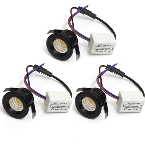 vienximan 3W Mini LED Recessed Ceiling Spotlight with Driver, Black, 3 Pack, AC 110V-220V, 3000K Warm White, Under-Cabinet Display Light