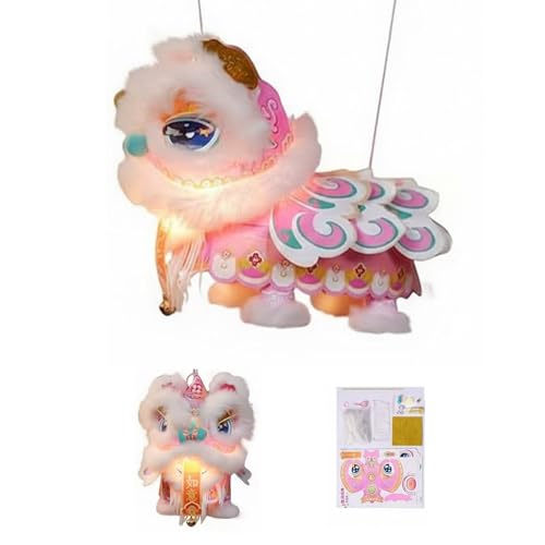 DIY Lion Dance Paper Lantern Craft Kit – Lion Hanging Paper Lantern Chinese Interactive Chinese New Year Lantern with Moving Head & LED Lights, Family Cultural Activity (Pink)