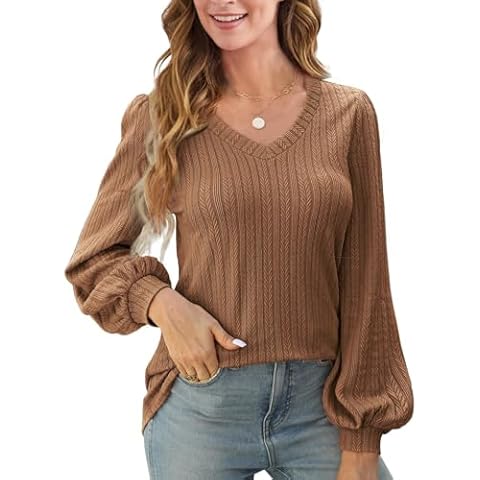 Besshopie Women's Puff Long Sleeve Shirts Casual V Neck Knit Blouses Lightweight Fall Sweaters Tunic Tops Brown, X-Large Cover