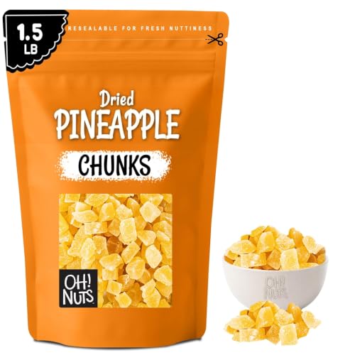 Oh! Nuts Dried Pineapple - 1.5 LB - Dried Fruit Chunks - Less Sugar Added - Dehydrated Fruit Bites - Packed in New York Zip-Seal Bag for Exceptional Freshness