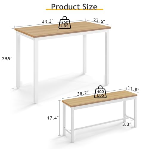 Rovibek 43\" Dining Table Benches Set for 4, Modern Space Saving Kitchen Table Chairs & Adjustable Feet Breakfast Table 2 Benches, Wooden Industrial Style Farmhouse, White