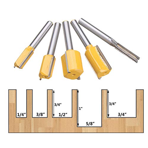 Yakamoz 5Pcs 1/4 Inch Shank Straight Router Bit Set Double Flute Plywood Dado Cut Router Bits Surface Straight Milling Cutter Woodworking Tools #TOP1