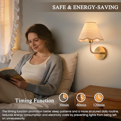 Image of ADISUN Battery Operated Wall Sconce Set of 2, Gold Wall Lamps for Living Room, Rattan Shade, Dimmable, Wireless Wall Lights for Bedroom Living Room Hallway Kitchen(2 Bulbs Included)