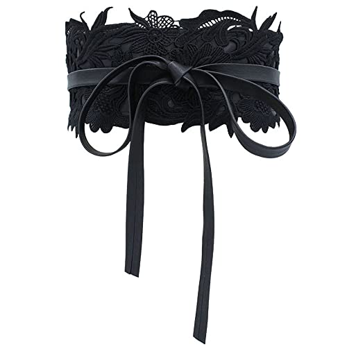 Women's Lace Flower Waist Belt Bow Tie Wrap Around Soft Leather Boho Corset Sweet Elegant for Dresses