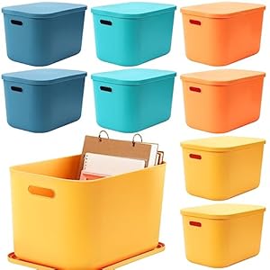 Hoolerry 8 Pieces Colorful Storage Bins with Lid, Plastic Storage Basket Organizing Container Stackable Box with Handle for Shelves Desktop Playroom Office(14.2 x 10.2 x 9.5 Inch,Multi-colored)