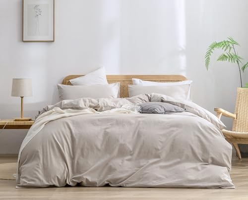 Image of BESTOUCH Cotton Solid Duvet Cover Set Linen Feel Linen Grey Alaska King | 100% Washed Cotton, Soft Wrinkle Texture, Hidden Zipper, 8 Ties, Breathable Lightweight Durable Comfy, 3 Pcs No Insert