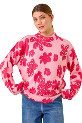 Image of Roman Originals Women Sparkly Embellished Jumper Ladies Diamante Sequin Hotfix Winter Sweater NYE New Year's Eve Christmas Party Going Out Shiny Smart Work Pullover - Pink Multi - Size ONE