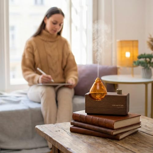 Amber Glas-Diffusor mit Naturholz-Sockel für Aromatherapie, Tragbarer Wasserloser Aroma Diffusor für Zuhause & Reise, Kabelloser Wiederaufladbarer Duftvernebler mit Timer & 4 Modi, Geschenkfertig