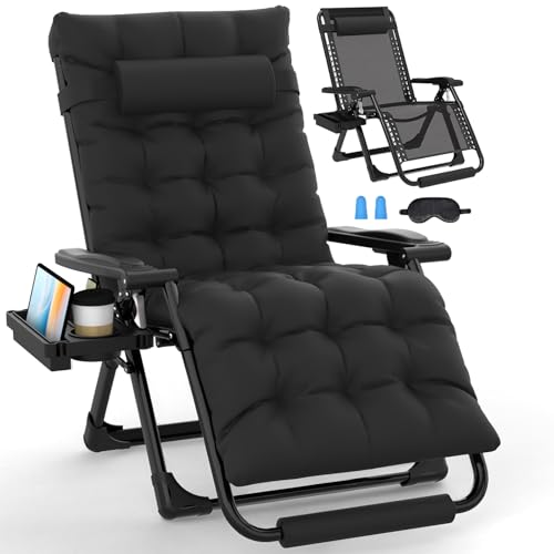 Slendor Oversized Zero Gravity Chairs XL, Padded Anti Gravity Chair, 29in Zero Gravity Lounge Chair, Folding Reclining Chair w/Aluminum Alloy Lock, Headrest, Cup Holder, Support 440lbs, Black